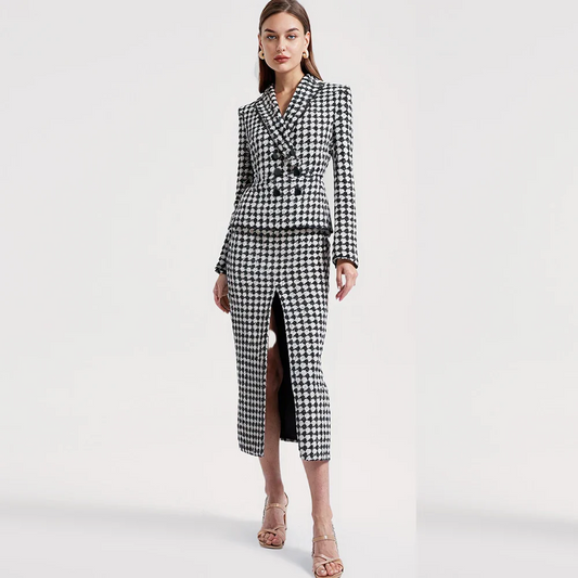 Hounds Tooth Notched Collar Long Sleeve Tunic Blazer High Waist Skirt Set