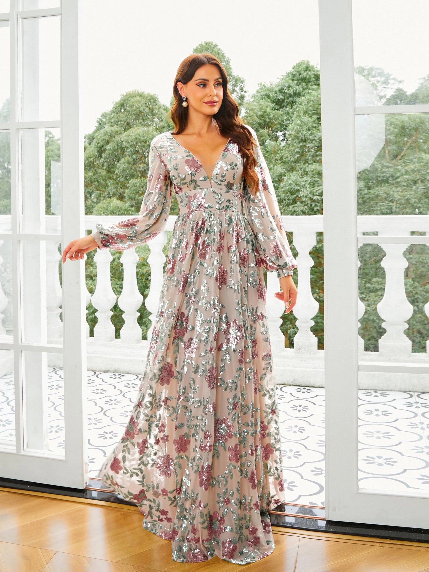 Long Sleeve V Neck A Line Floral Print Prom Maxi Dress