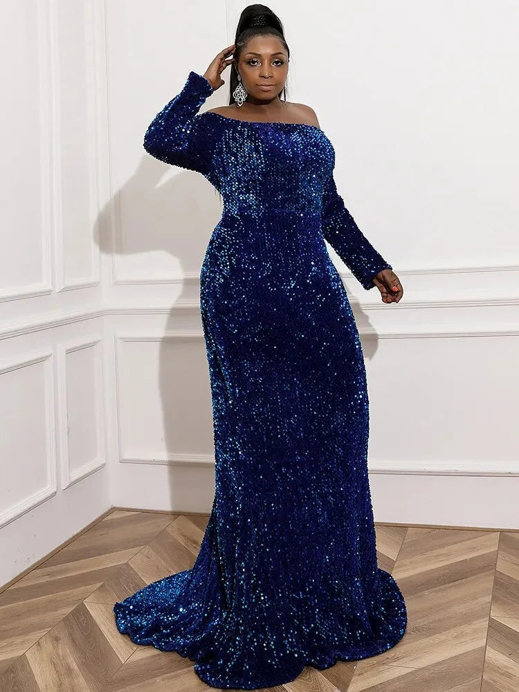 Off Shoulder Sequin Long Sleeves Backless Mermaid Maxi Dress