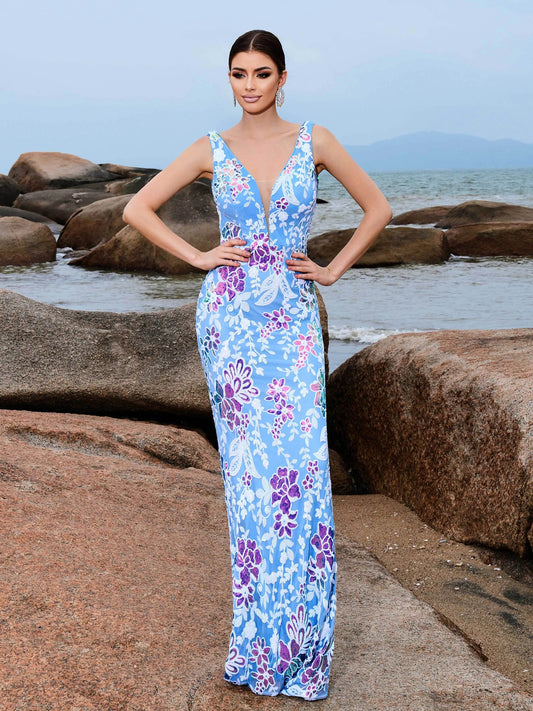 Light blue Chic V Neck Sequin Mermaid Maxi Dress