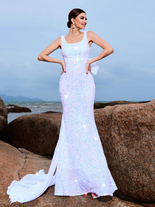 Slash Neck Sequin Bow Draped Mermaid Maxi Dress