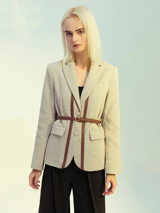 Notched Collar Spliced Contrasting Colours PU Leather Belt Blazer