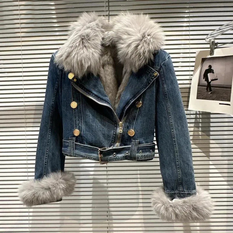 Fox Fur Collar Metal Buckle Belt Warm Denim Short Coat