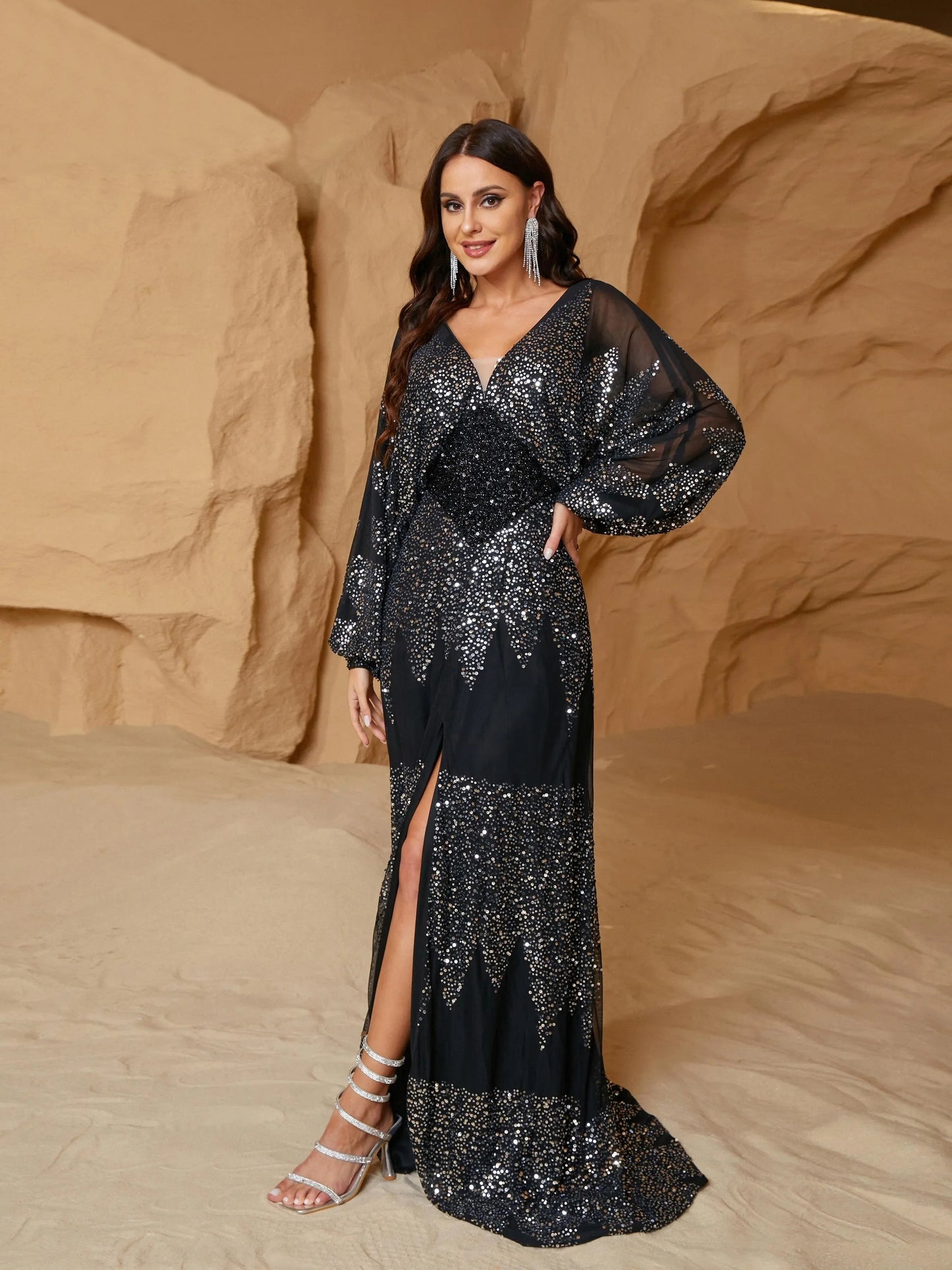 V Neck Lantern Sleeves Split A-line Prom Maxi Dress