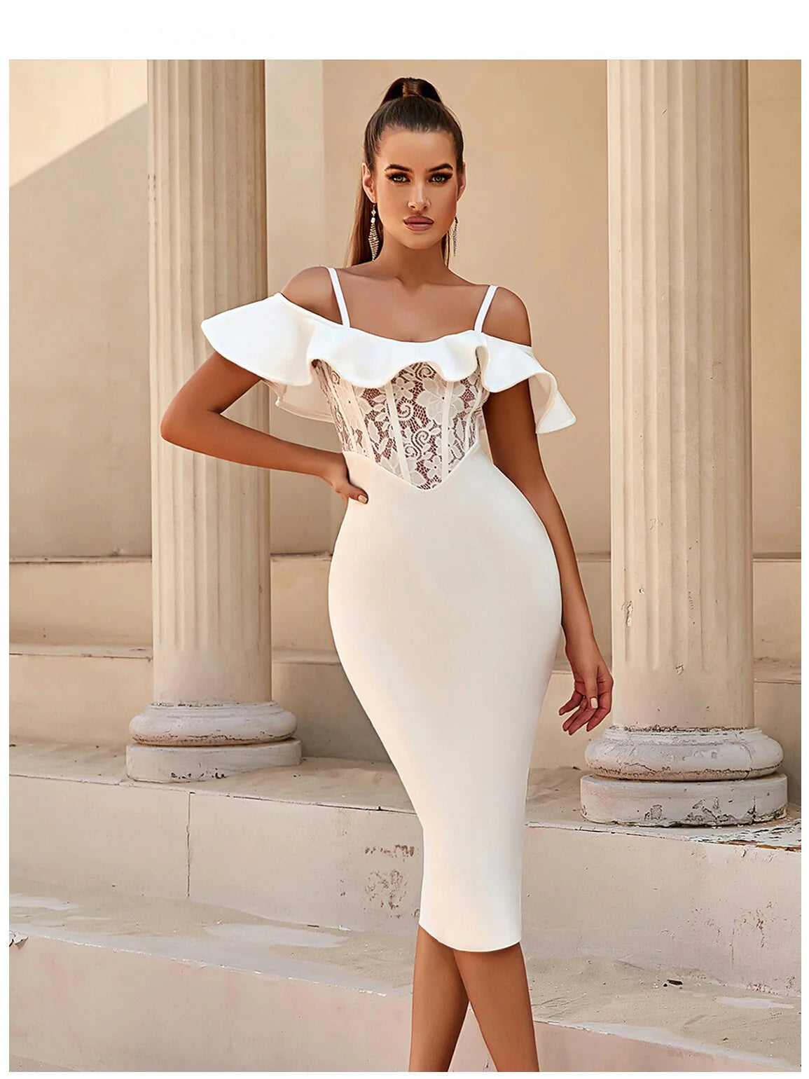 Ruffles Lace Spaghetti Strap Bandage Mid Dress