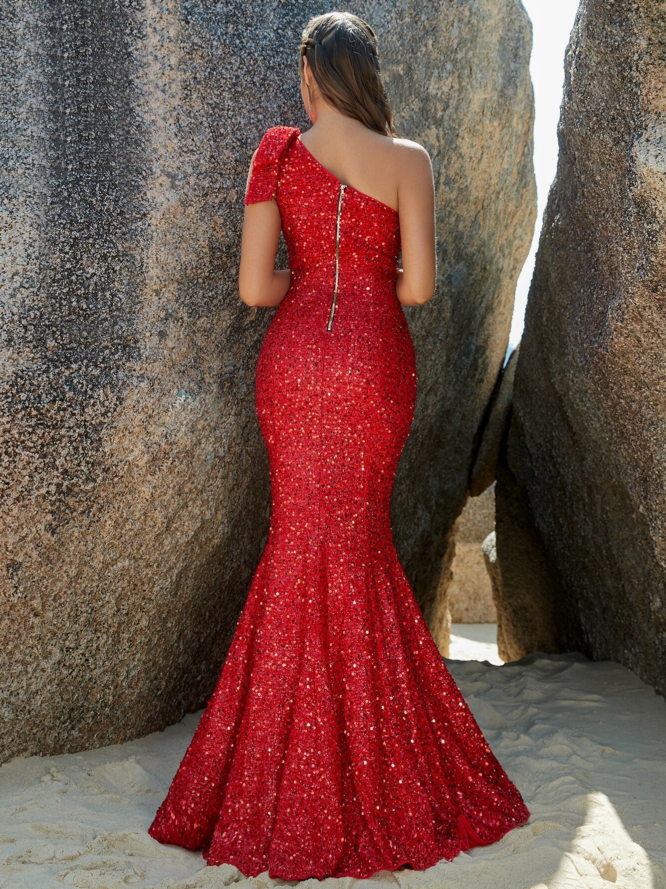 Sequins One Shoulder Sleeveless Bow Maxi Dress