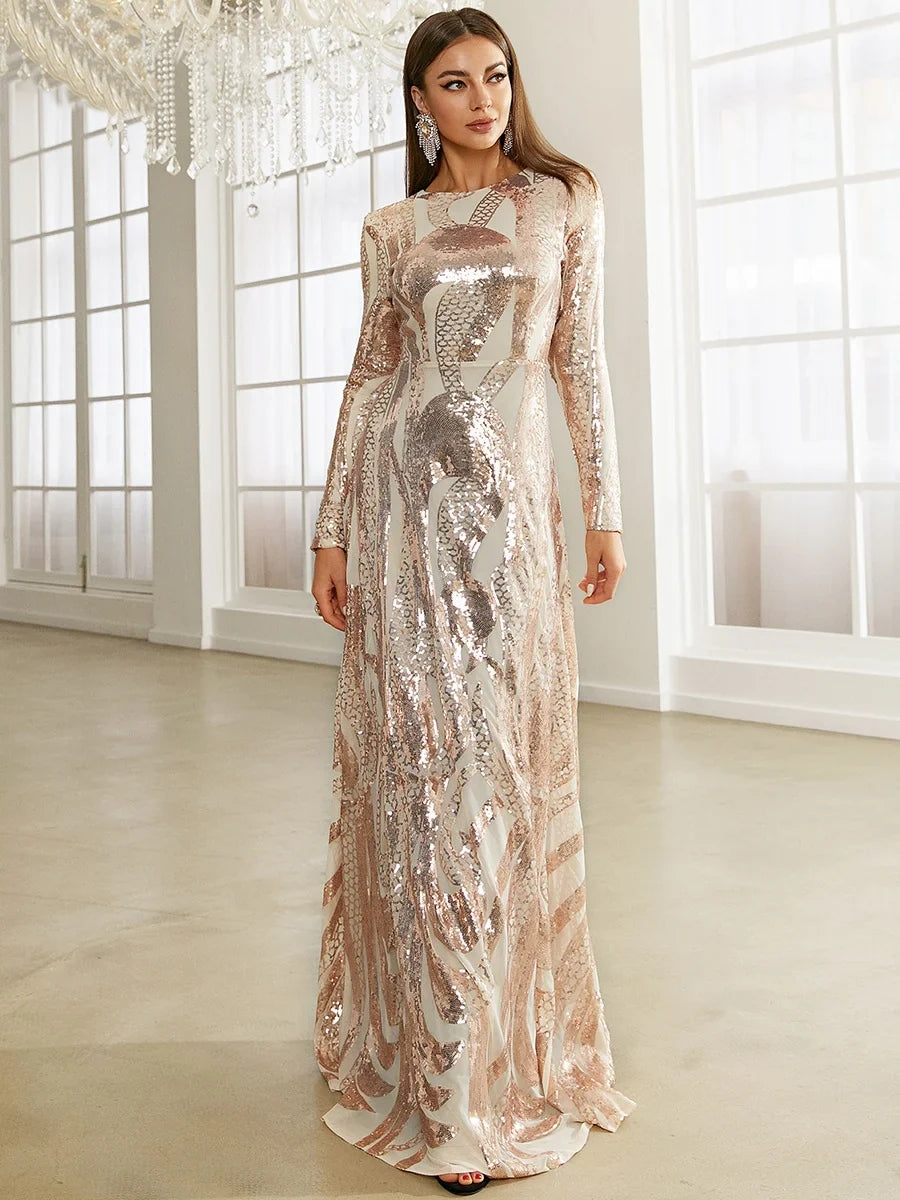 O Neck Long Sleeve Sequin A Line Germanic Patterned Prom Maxi Dress