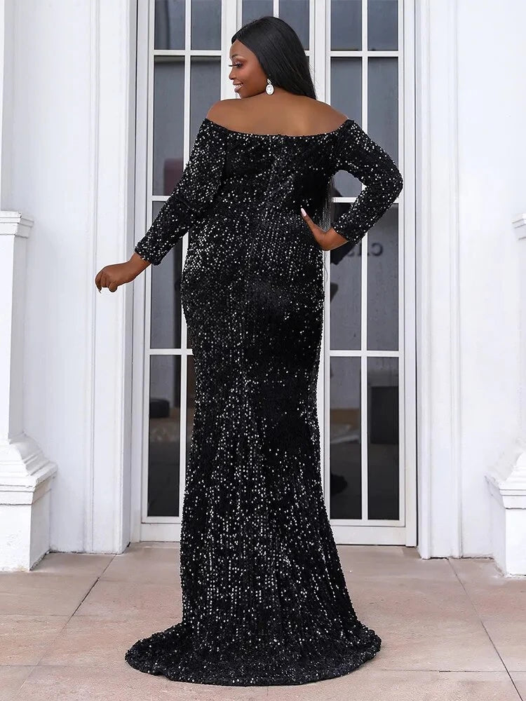 Off Shoulder Sequin Long Sleeves Backless Mermaid Maxi Dress