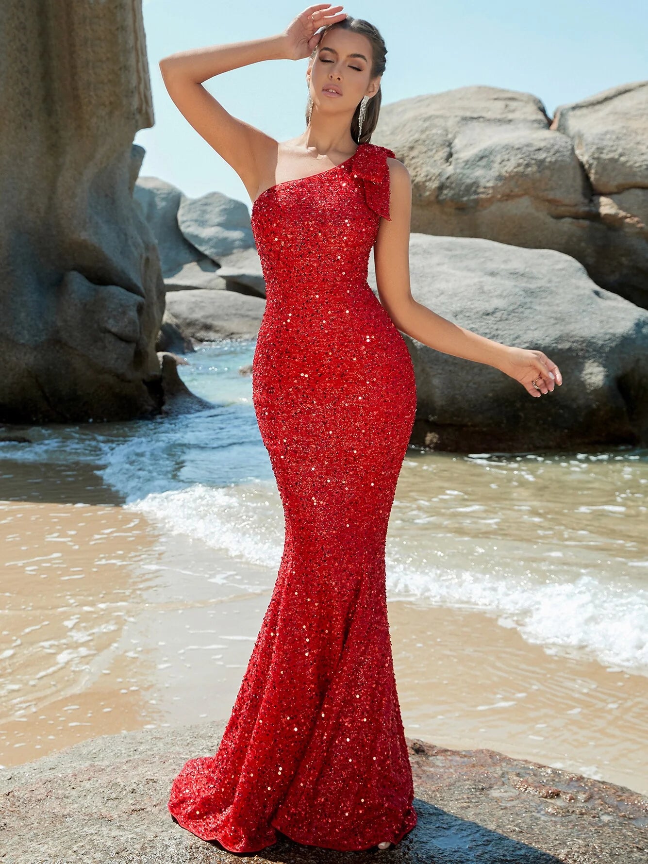 Sequins One Shoulder Sleeveless Bow Maxi Dress
