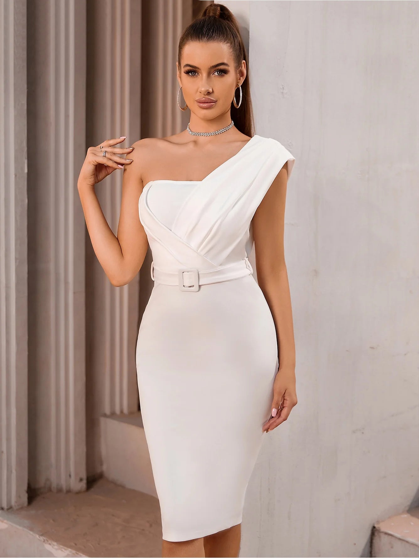 One Shoulder Buckle Belted Sleeveless Bandage Mid Dress