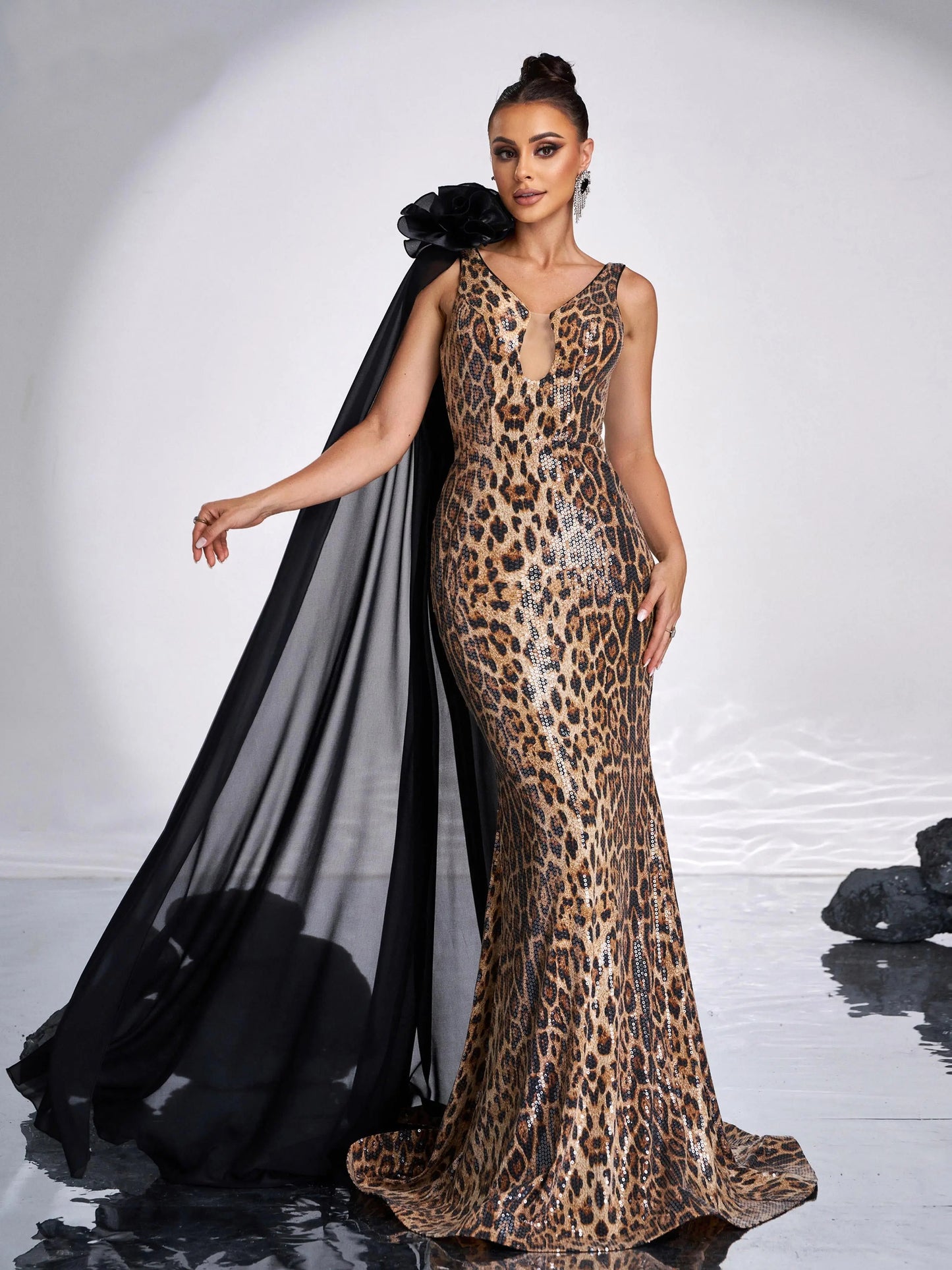 V Neck Leopard Print Sequin Mermaid Evening Gown Maxi Dress