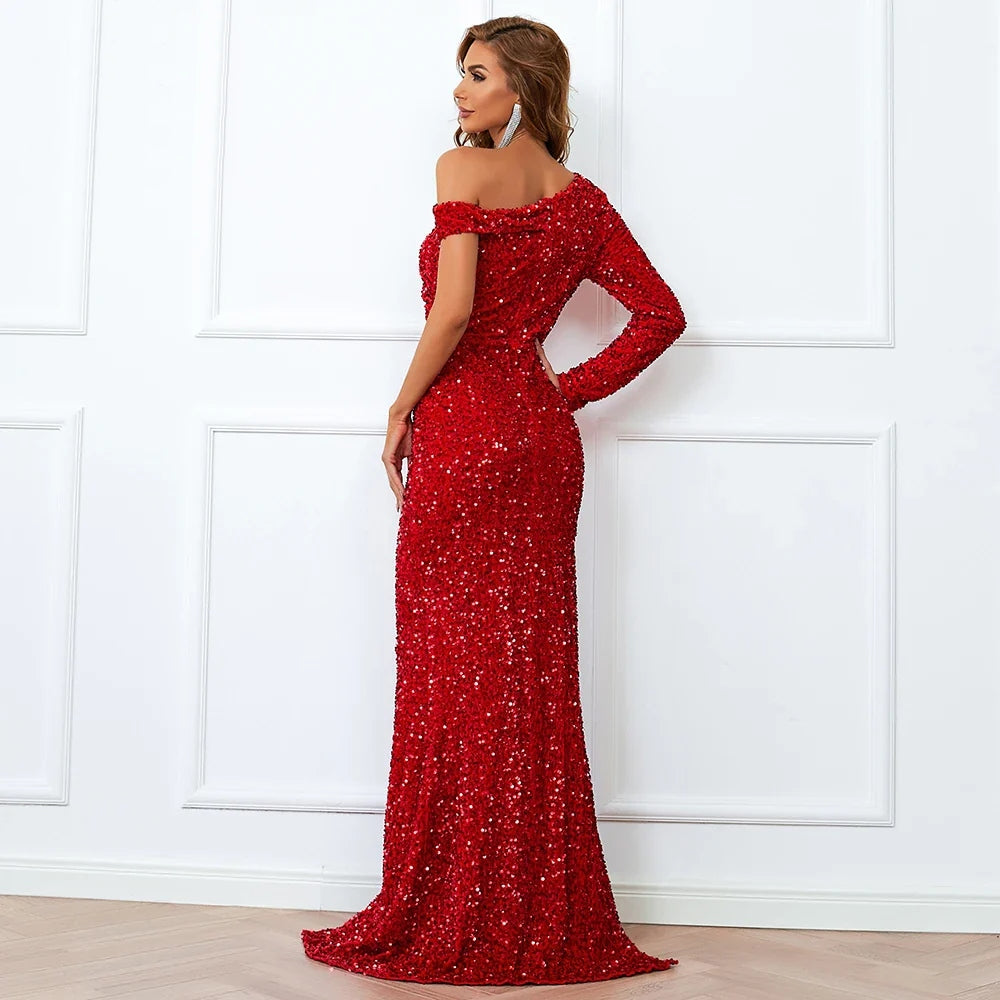 One Shoulder Long Sleeve Side Split Sequin Maxi Prom Dress