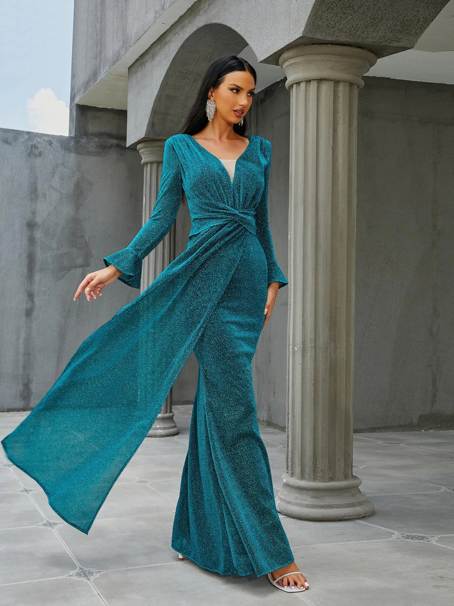 Deep V Neck Long Sleeve Mermaid Formal Prom Maxi Dress