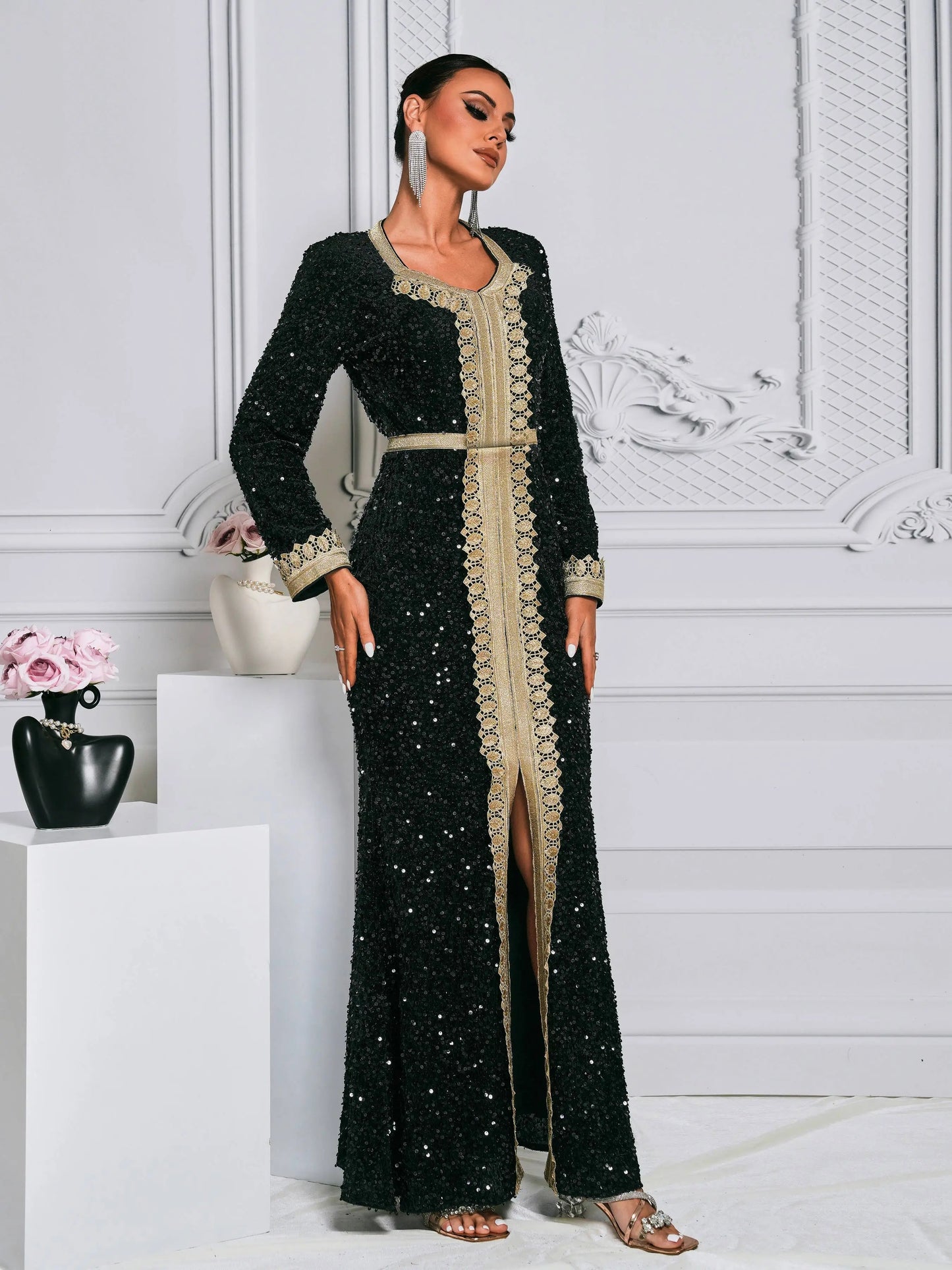 O-Neck Long Sleeve Sequin Evening Prom Maxi Dress