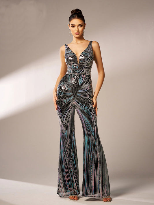 V Neck Sleeveless Multicolour Sequin Chic Formal Maxi Jumpsuit