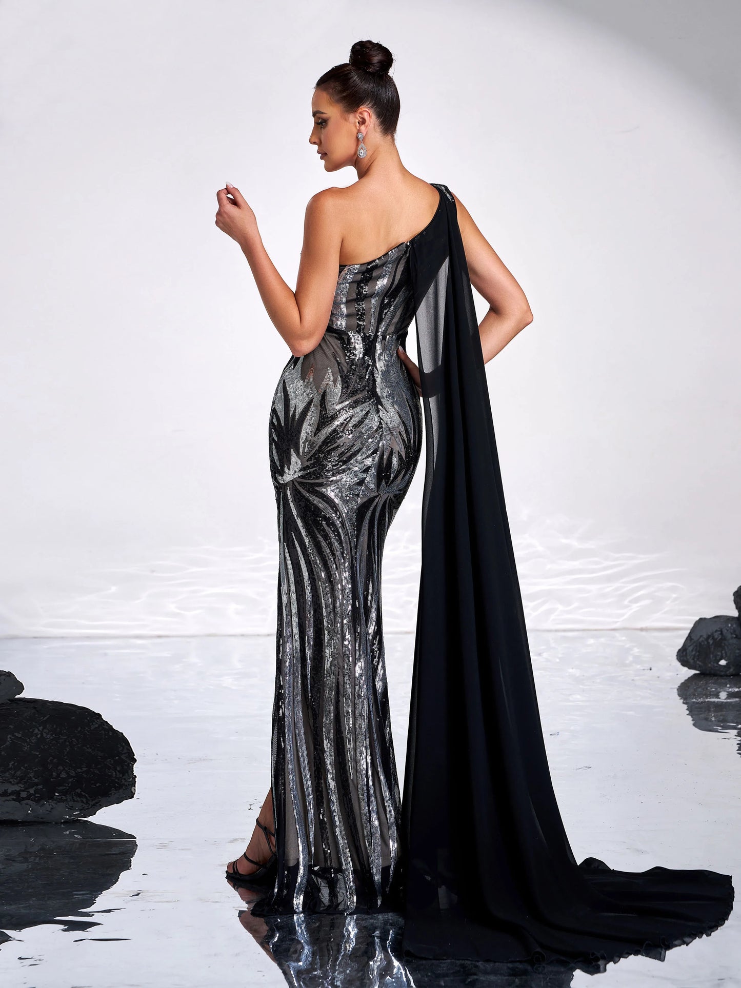 One Shoulder Mesh Sleeveless Sequin Split Formal Maxi Dress