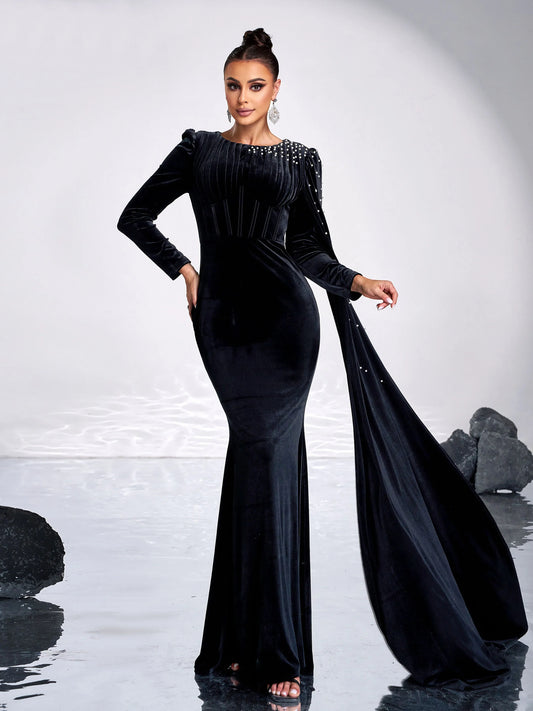 Draped O Neck Long Sleeve Velvet Formal Mermaid Maxi Dress