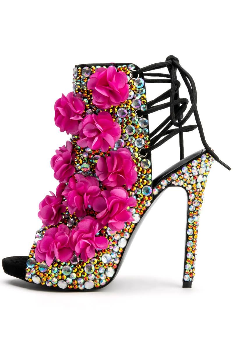 Colourful Crystal Flower Decor Lace Up Ankle Boots