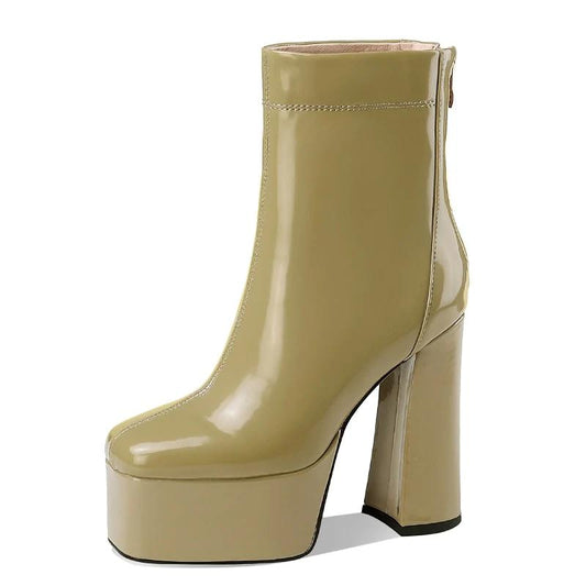 Genuine Leather Platform Square Toe Ankle Boots