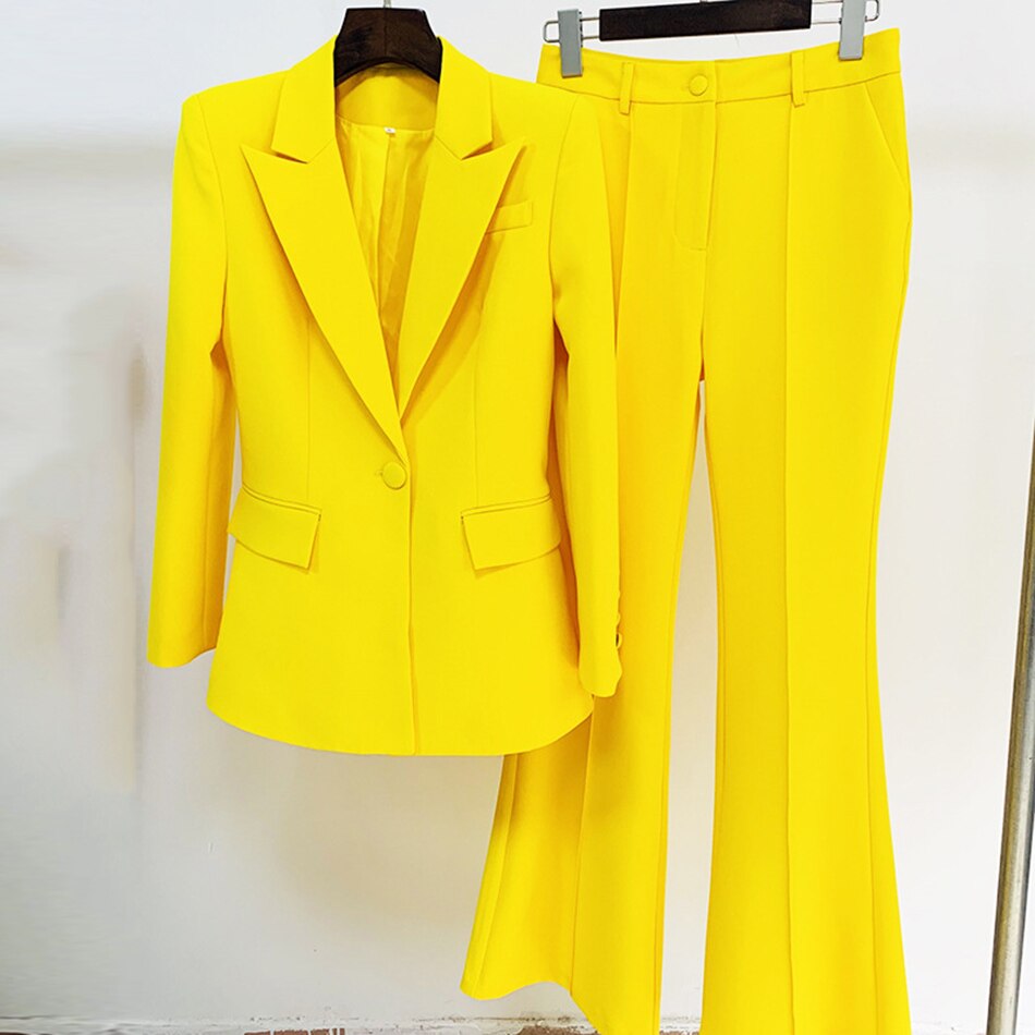 Single Button Blazer Flare Trouser Suit Set