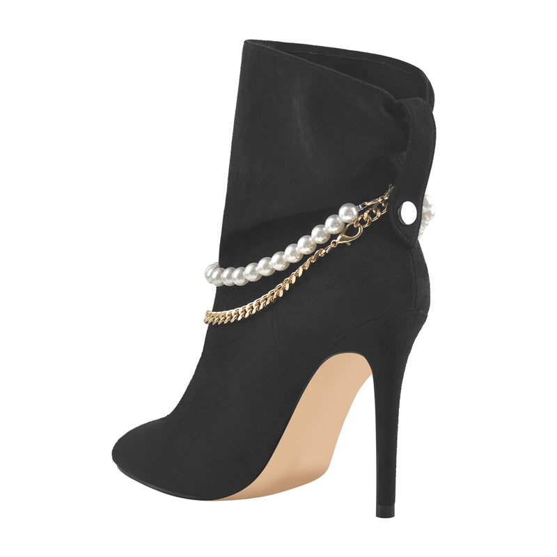 Metal Chain String Bead Buckle Flock Ankle Boots