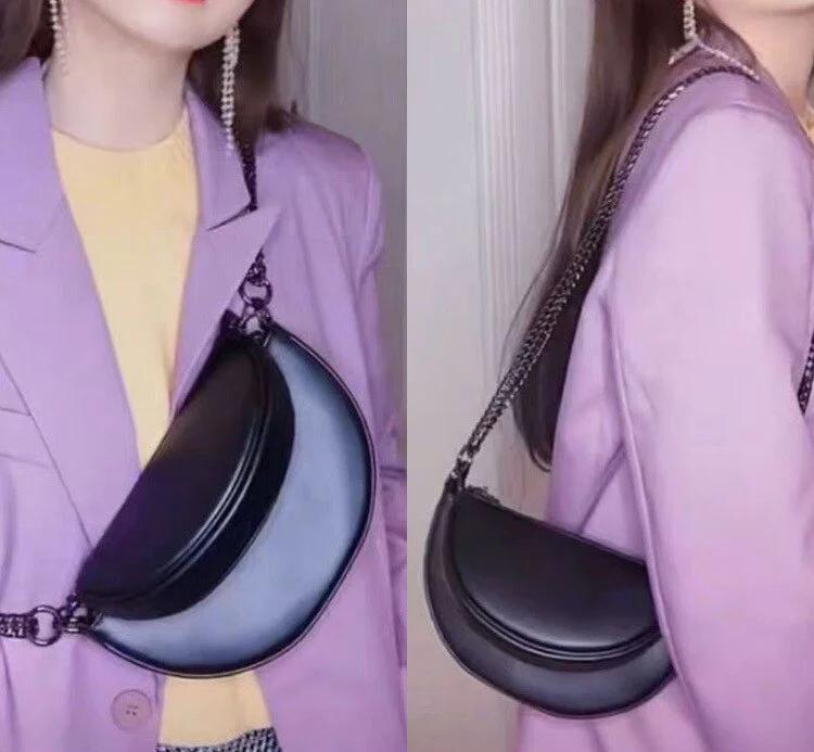 PU Leather Chain Shoulder Half Moon Bag