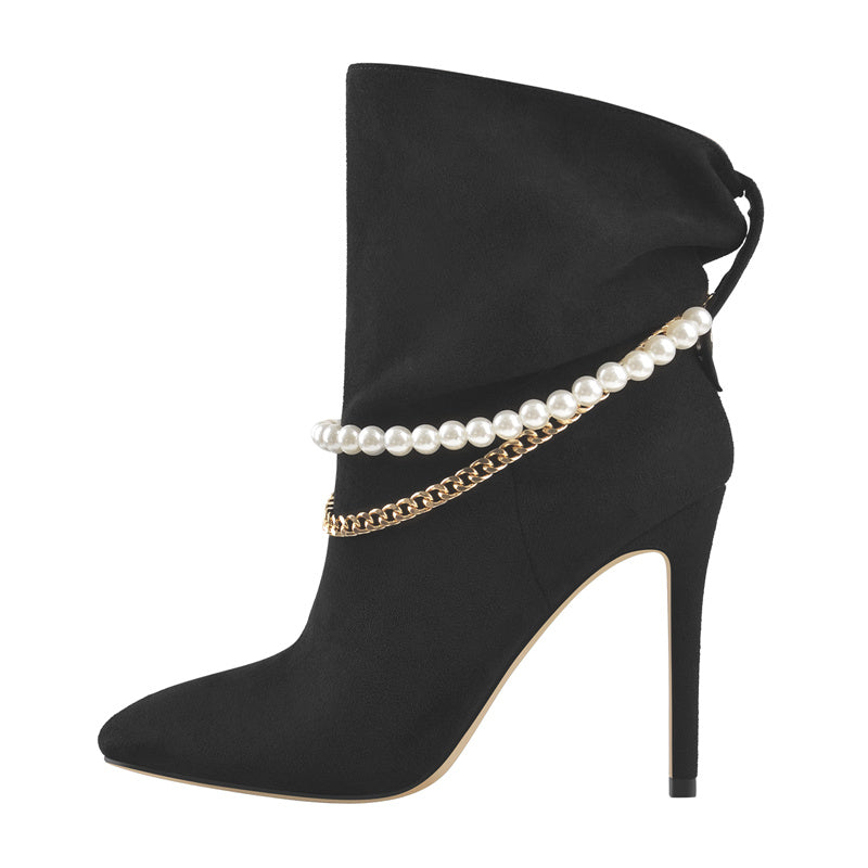 Metal Chain String Bead Buckle Flock Ankle Boots