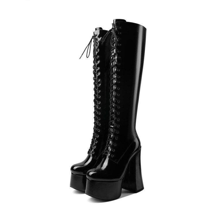 Platform Patent Leather Lace Up Knee High Boots