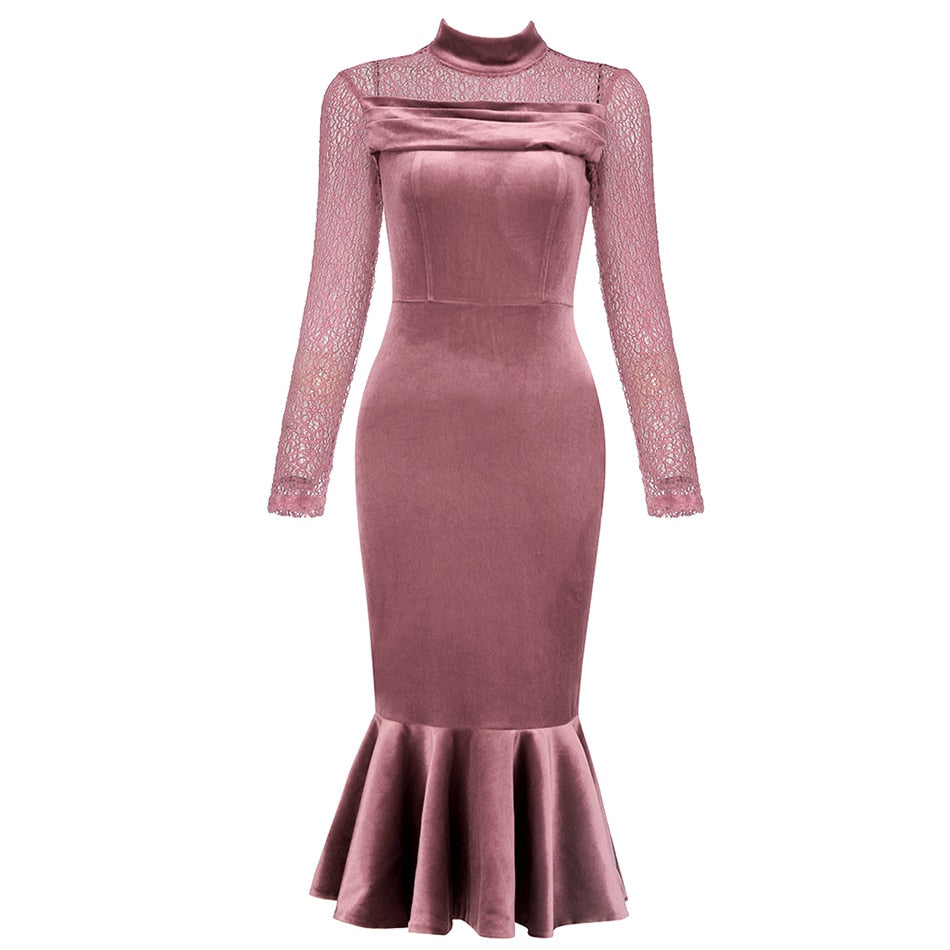 Turtleneck Lace Patchwork Velvet Dress