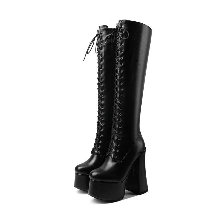 Platform Patent Leather Lace Up Knee High Boots