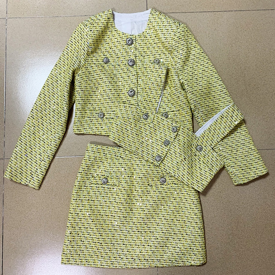 Sequin buttoned Short Jacket Vest Skirt Set