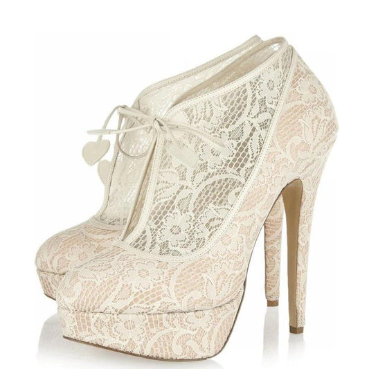 Floral Lace High Heels Heart Lace Up Platform Ankle Boots