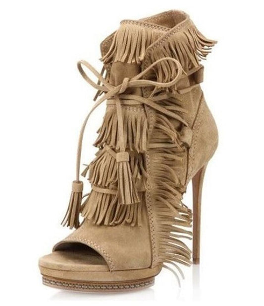 Tassel Cover Peep Toe Fringed Lace Up Ankle Boots