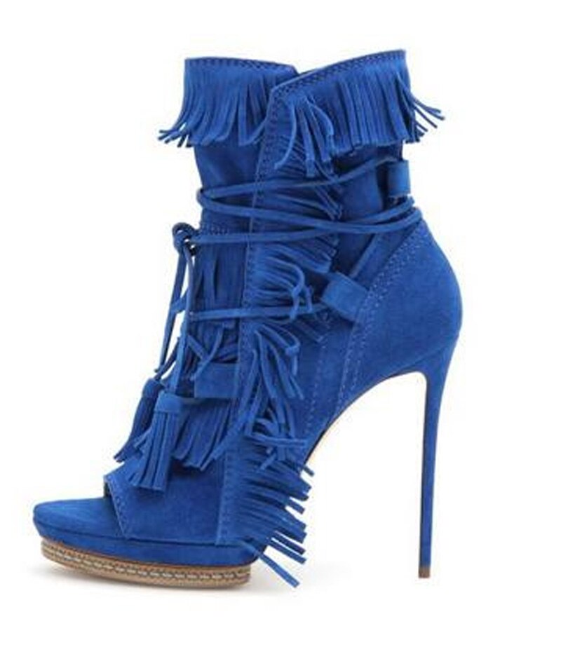 Tassel Cover Peep Toe Fringed Lace Up Ankle Boots