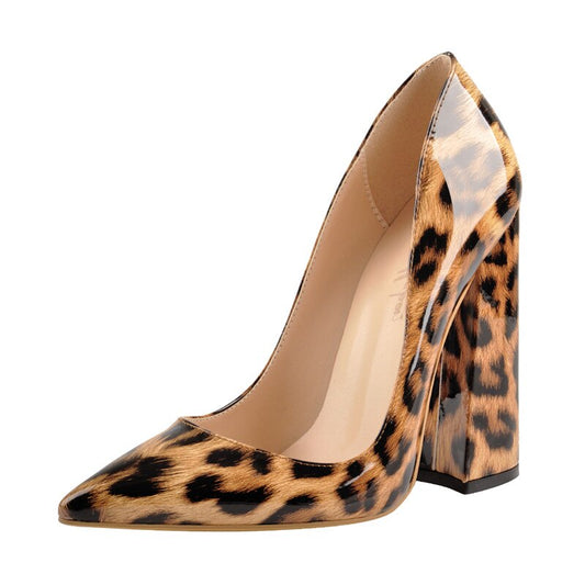 Leopard Pointed Toe Chunky Heel Pumps Slip On Shoes