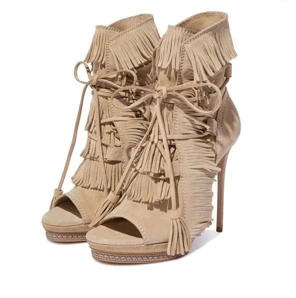 Tassel Cover Peep Toe Fringed Lace Up Ankle Boots