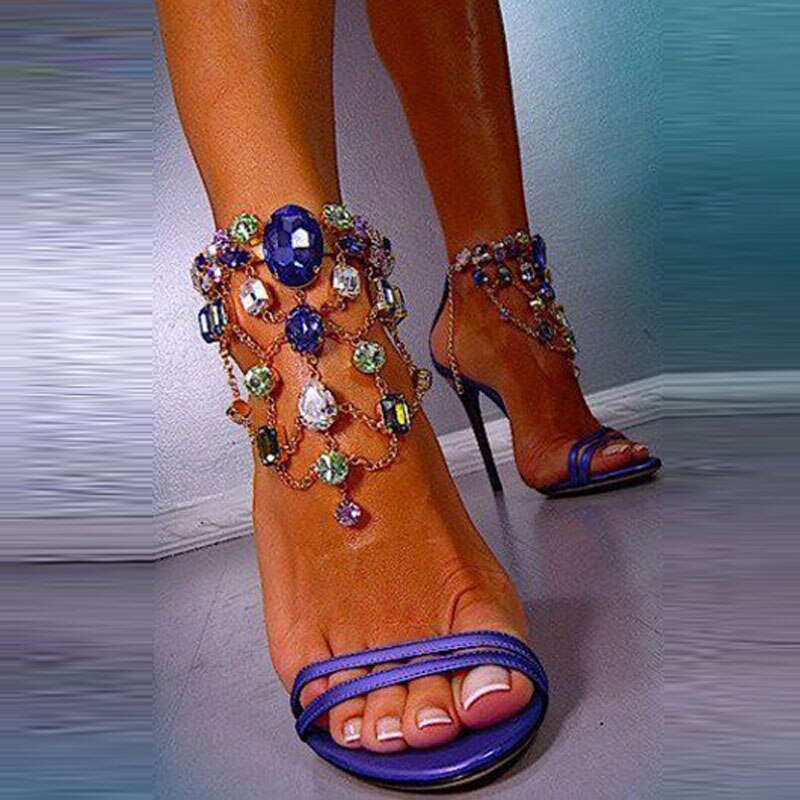 Multi Gem Crystal Pedant Chains Heels Sandals