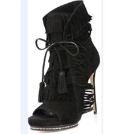 Tassel Cover Peep Toe Fringed Lace Up Ankle Boots