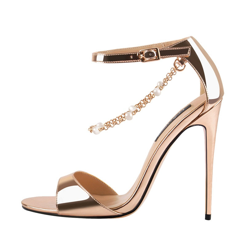 Beaded Chain Ankle Strappy High Heel Open Toe Sandals