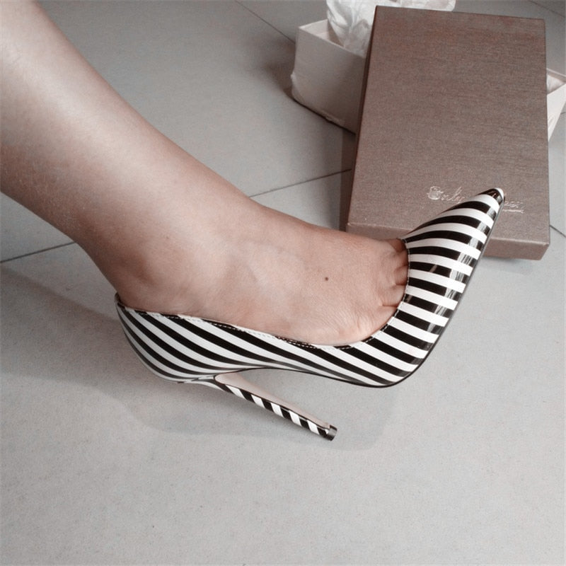 Black White Stripe High Heel Shoes
