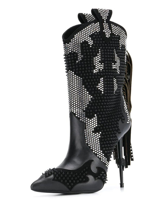 Patchwork Bling Tassel Crystal Decor Ankle Boots