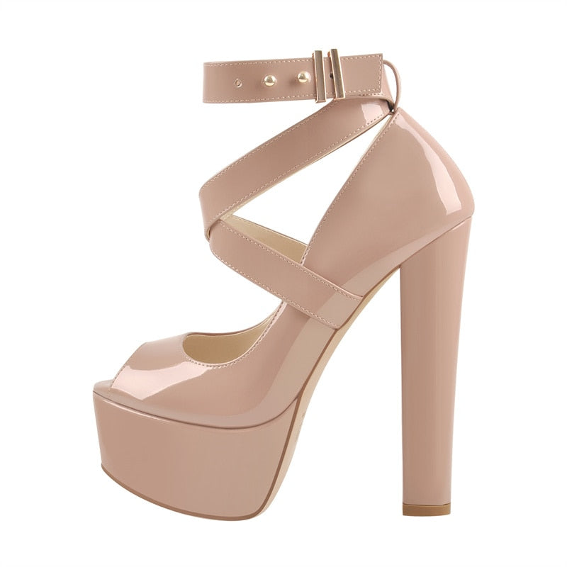 PU Leather Cross Strap Ankle Buckle Chunky Heels Sandals
