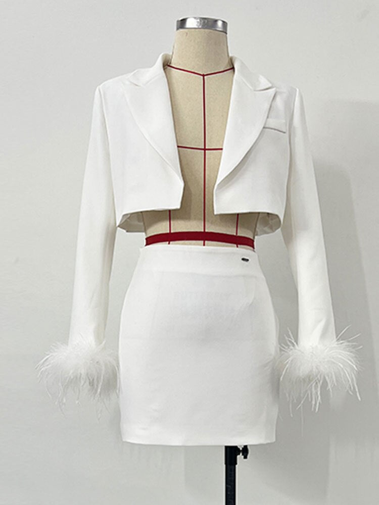 Long Sleeve Feather Short Cardigan Mini Skirt Set