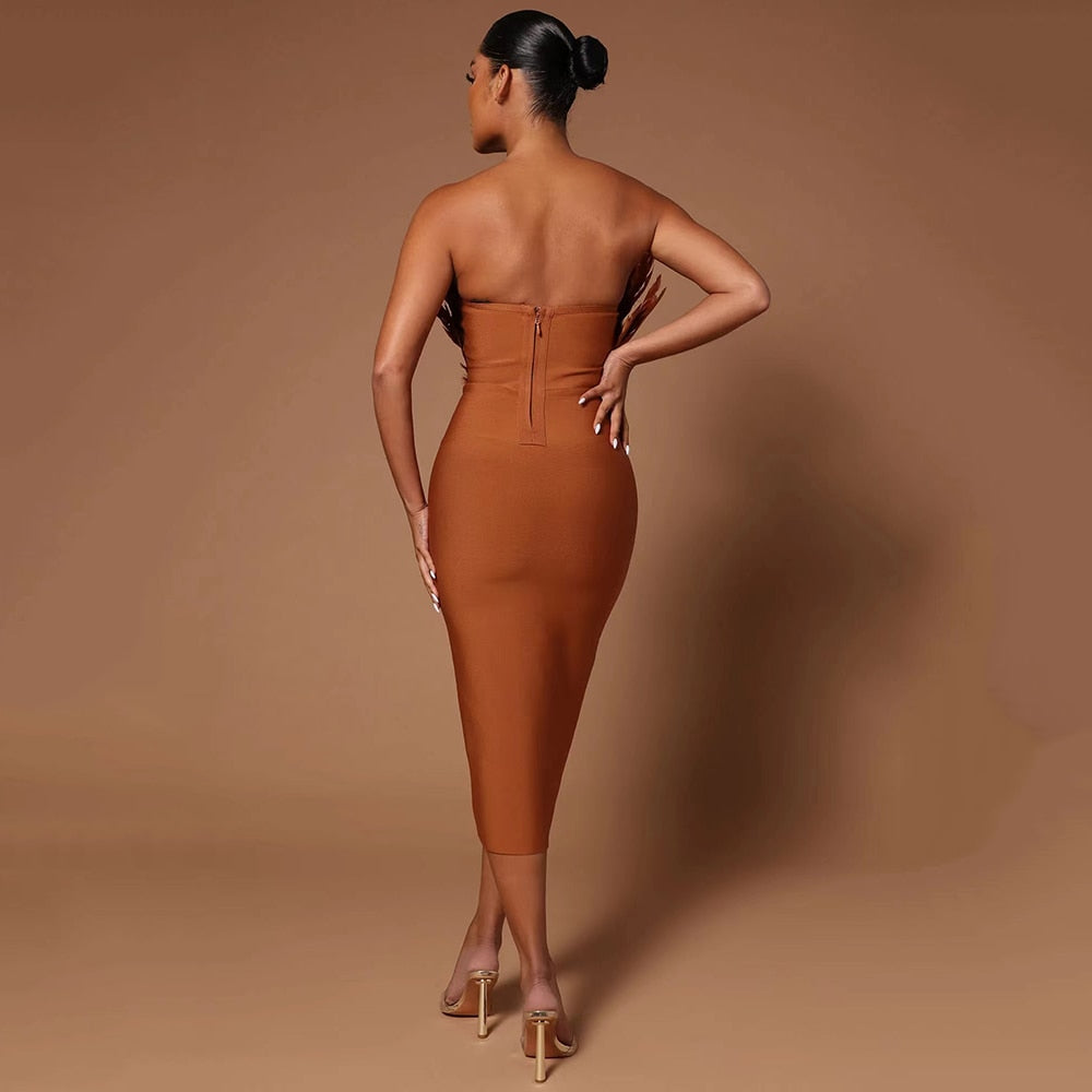 Strapless Backless Feather Decor Bandage Dress