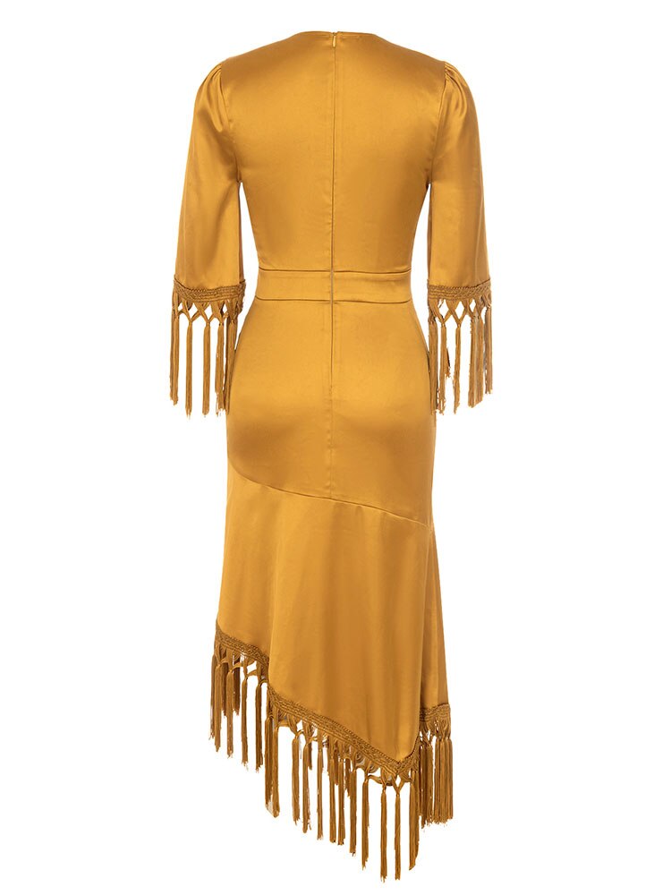 O Neck Mid Sleeve Tassel A-Line Asymmetric Satin Dress