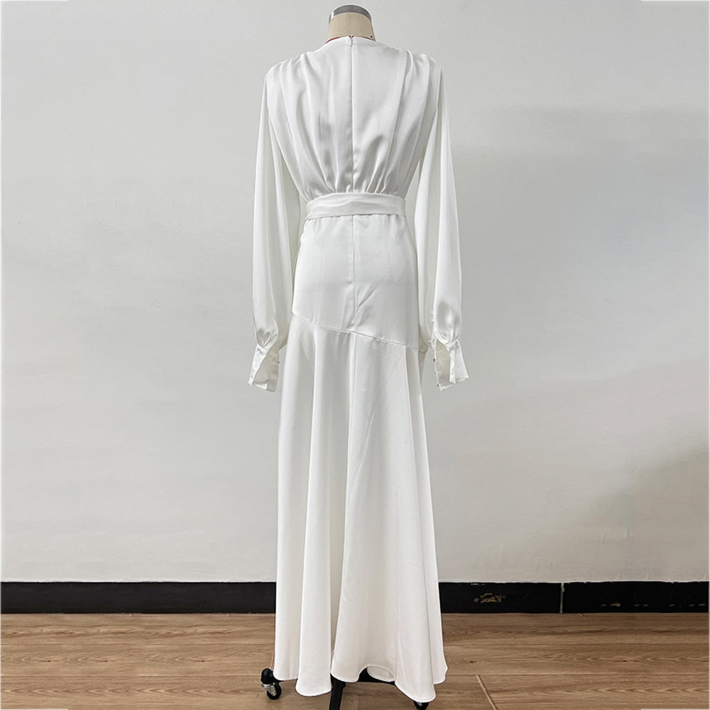V-neck Pleated Lantern Sleeve High Split Belted Silk Dress