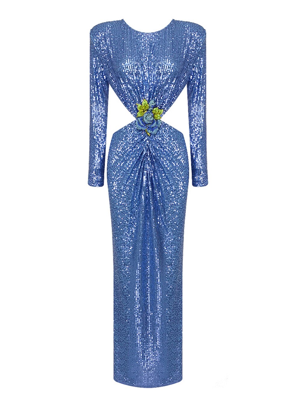 Backless Shiny Sequins Flower Diamond Buckle Maxi Dress