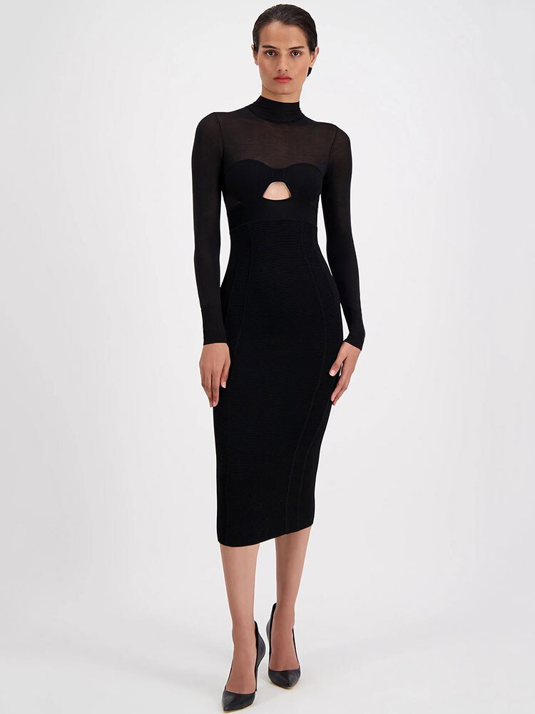 Stand Collar Long Sleeve Cut Out Bandage Dress