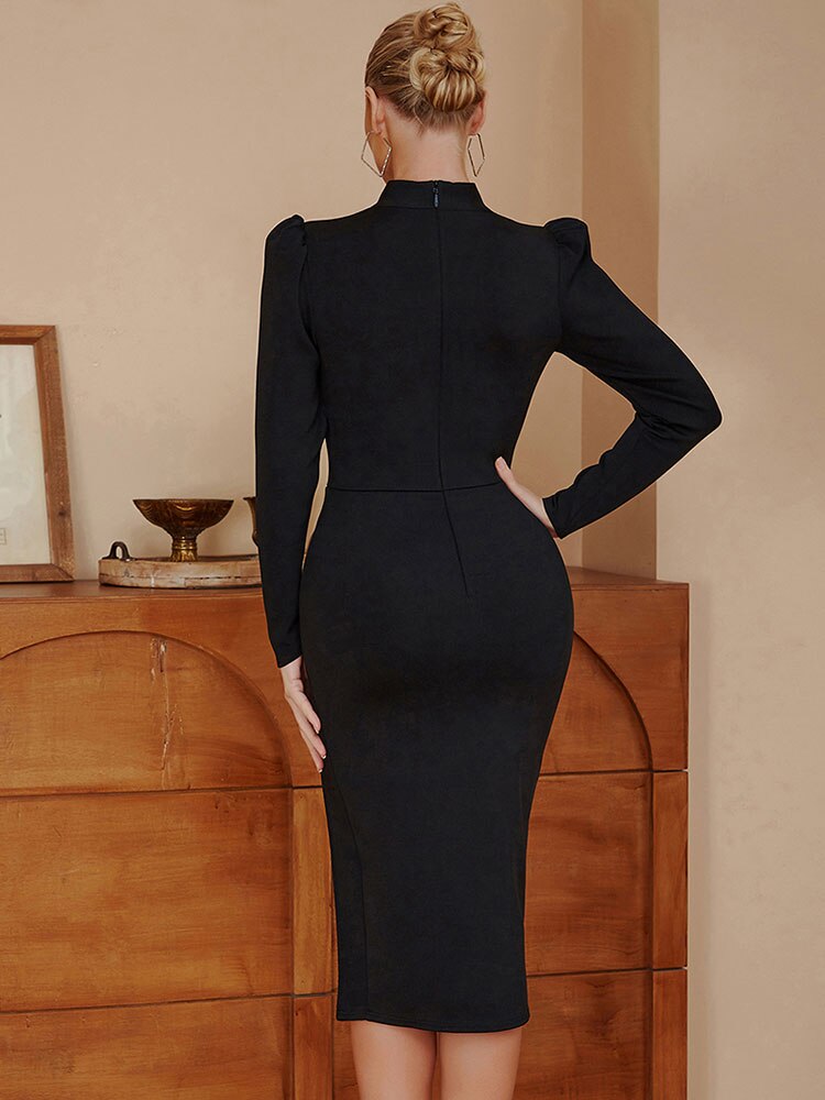 Stand Collar Long Sleeve Hollow Out Split Bandage Dress
