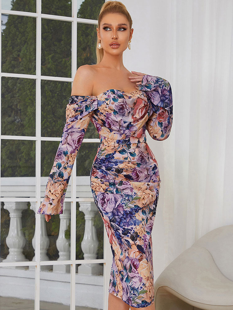 Off Shoulder Flare Sleeve Floral Print Dress